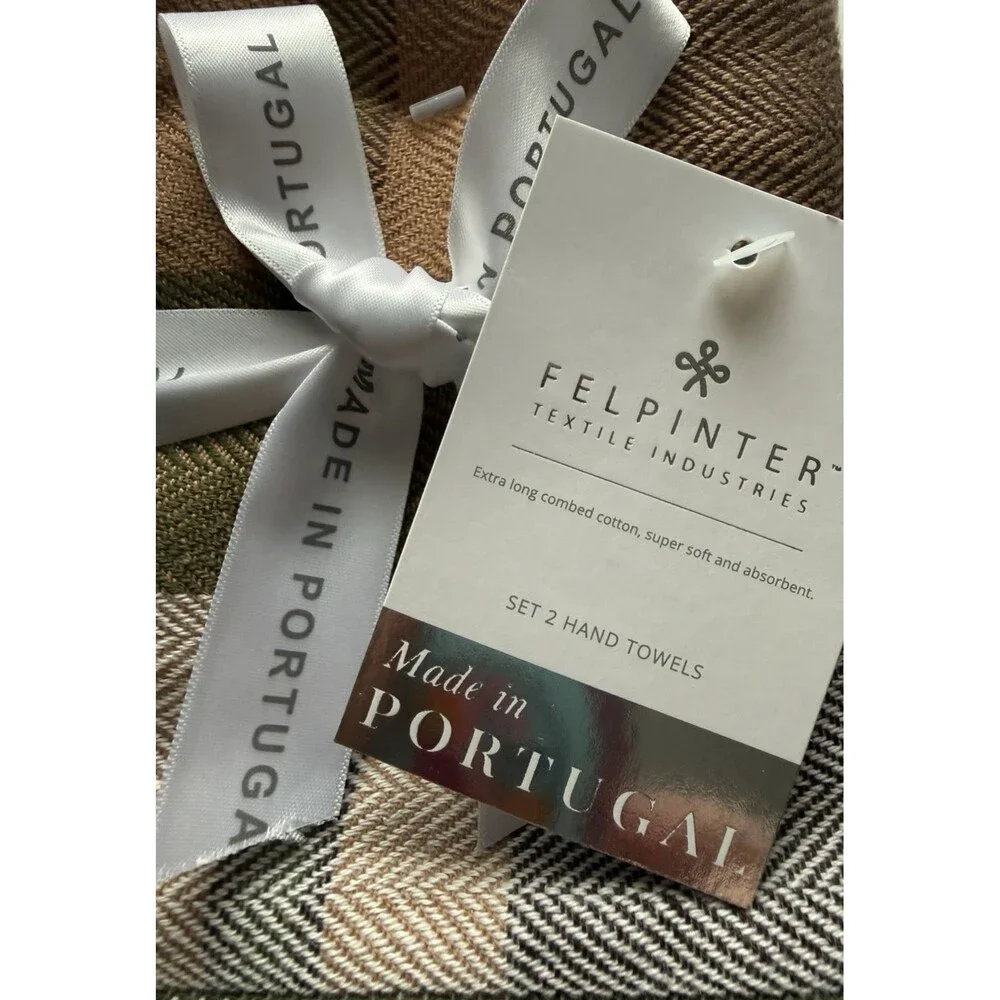 2 Felpinter Hand Towels X-Long Combed Cotton Soft Made in Portugal Plaid Green